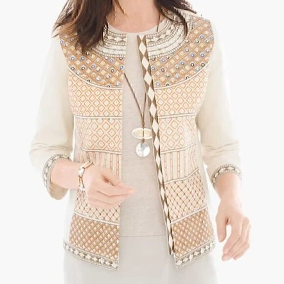 CHICO'S 1 Embellished Jacket Tan Beige Embroidered 3/4 Sleeve Cotton Medium 8 - Picture 1 of 12